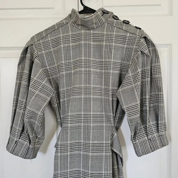 Zara Woman Plaid‎ Dress Small Gray  Puffy Sleeve Midi Belt Winter Work - Picture 2 of 13